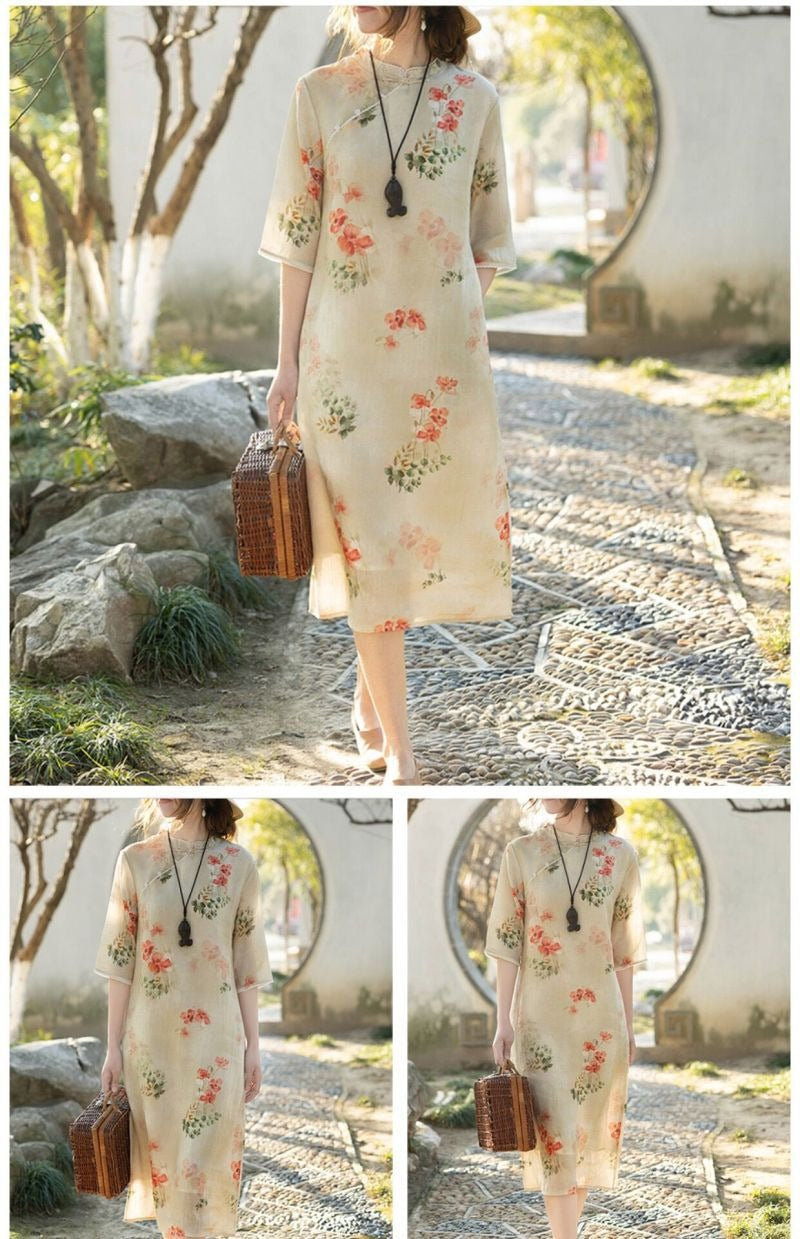 Women's Cotton And Linen Improved Qipao Dress With Stand Collar